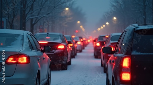 cars in a snowy traffic jam with brake lights glowing during a winter evening 
