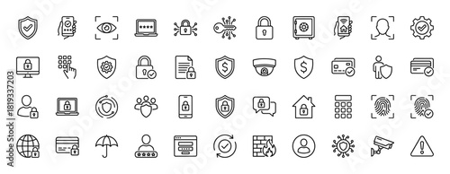 Security line icon set. Vector pictograms of padlock, smartphone, laptop, key, shield, fingerprint, globe, firewall, CCTV, and cloud, thin linear illustration.