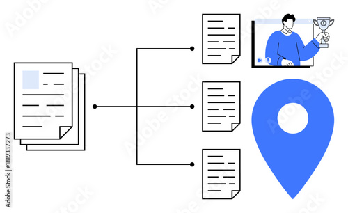 Centralized document management system showing file connections, location pin, and video call for collaboration. Ideal for teamwork, digital processes, remote work, data organization, cloud