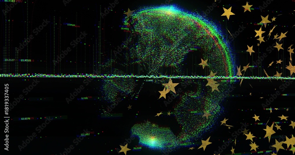 Obraz premium Rotating glowing RGB pixel hemisphere drifting in data-space, with dotted line and gold stars