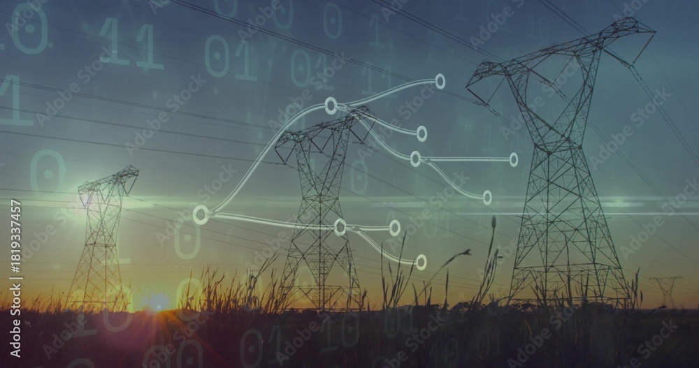 Obraz premium Silhouetting lattice steel towers and power lines over tall grass at sunset, showing data network