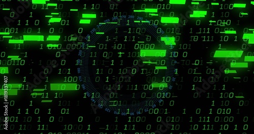 Streaming dense green binary digits and neon bars across virtual interface, with faint blue HUD