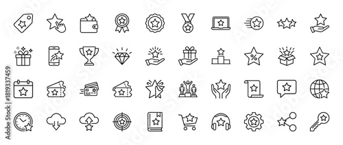 Rating, rewards, and loyalty line icon set. Vector pictograms of star, badge, tag, trophy, gift, medal, wallet, laptop, smartphone, diamond, thin linear illustration.