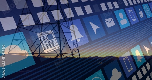 Displaying translucent app icons floating over sunset ridge, showing bell, envelope, cloud, tower