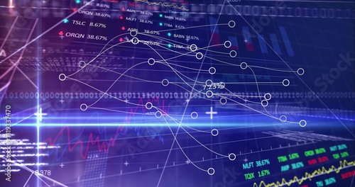 Displaying white curved trend lines with nodes moving across trading dashboard with stock tickers