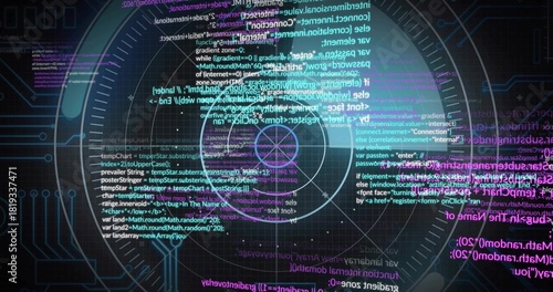 Rendering central circular HUD with rings and crosshair at console, overlaying cyan magenta code