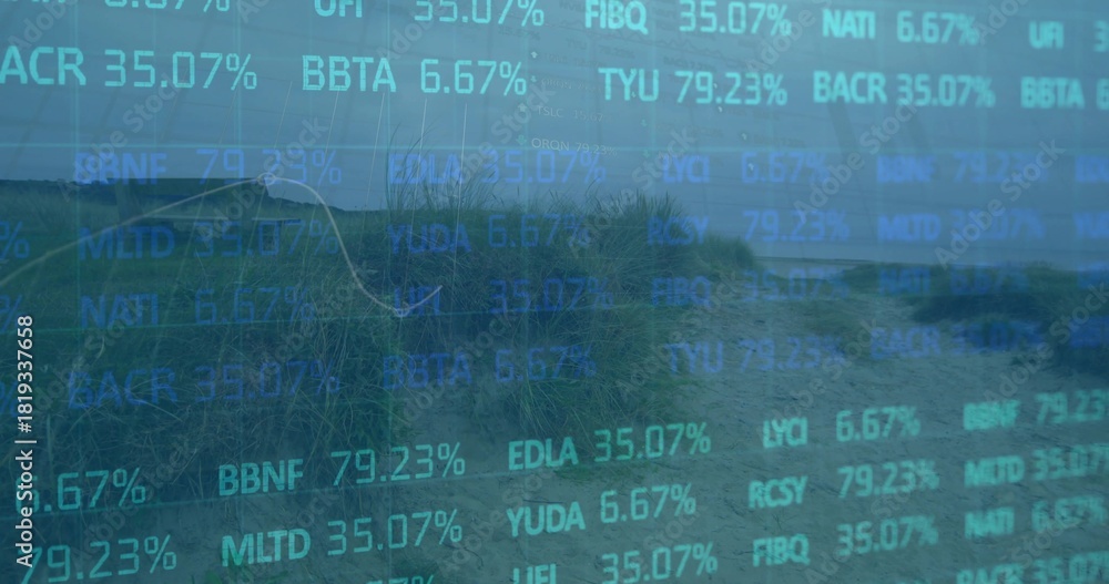 Naklejka premium Blending sand dune center with beach grass and path leading to shoreline, with stock ticker overlay