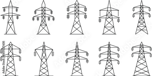 Set of electricity transmission tower designs, power line pylons collection, energy infrastructure, electrical engineering illustration, black and white technical drawing