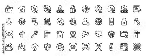 Cybersecurity line icon set. Vector pictograms of padlocks, keys, shields, passwords, fingerprints, data, users, and access control, thin linear illustration.