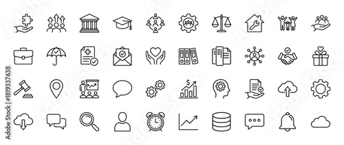 Business and essential line icon set. Vector pictograms of building, cap, team, puzzle, settings, balance, brief, and graph, linear illustration.