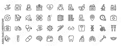 Medical and healthcare line icon set. Vector pictograms of doctor, pharmacy, microscope, pills, ambulance, stethoscope, crutches, wheelchair, DNA, and human organs, thin linear illustration.
