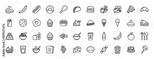 Food line icon set. Vector pictograms of donut, hotdog, steak, burger, pizza, ice cream, cake, coffee, fruit, vegetables, bread, cheese, soup, thin linear illustration.