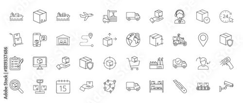 Logistics and shipping line icon set. Vector pictograms of packages, trucks, airplanes, ships, warehouses, delivery, tracking, and customer service, thin linear illustration.