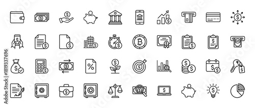 Finance and banking line icon set. Vector pictograms of bank, money, wallet, credit card, growth chart, mobile payment, bitcoin, safe, piggy bank, and investment, thin linear illustration.