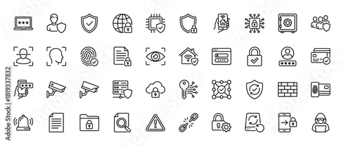 Cybersecurity and data protection line icon set. Vector pictograms of shield, padlock, laptop, smartphone, safe, fingerprint, camera, firewall, key, server, and hacker, thin linear illustration.