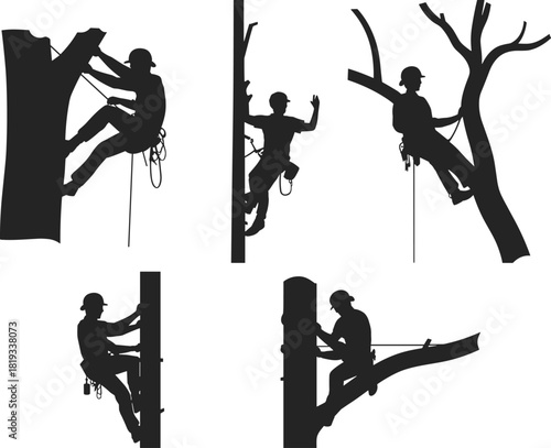 Set of five black silhouettes of arborists climbing and trimming trees using ropes, harnesses, and safety equipment