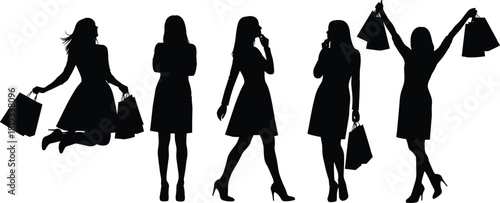 Dynamic Black Women Shopping Silhouettes Collection, Celebrating Retail Consumerism, Fashion, and Excitement: Isolated Female Figures Jumping, Talking, and 