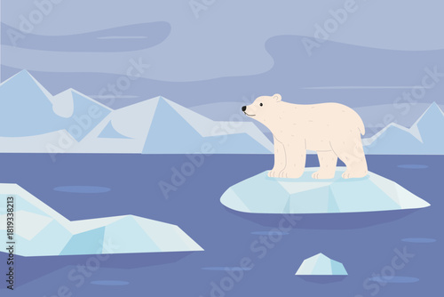 Polar bear stands on an ice floe in a serene arctic landscape under a calm sky