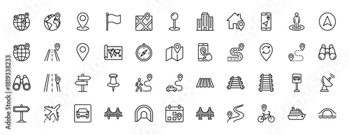 Navigation and travel line icon set. Vector pictograms of location pins, maps, globe, routes, compass, vehicles, buildings, flag, passport, and luggage, thin linear illustration.