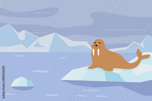 Walrus lounging on an ice floe in a serene Arctic landscape with distant mountains and soft colors