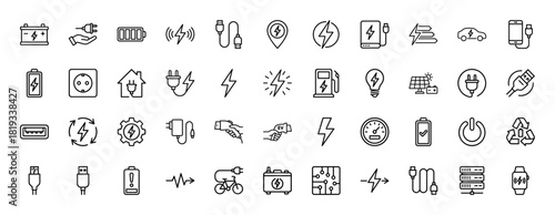 Energy and electricity line icon set. Vector pictograms of lightning bolt, battery, USB cable, EV charger, solar panel, and power plug, thin linear illustration.