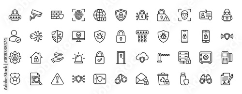 Security line icon set. Vector pictograms of surveillance camera, firewall, padlock, fingerprint, hacker, data privacy, and digital protection, thin linear illustration.
