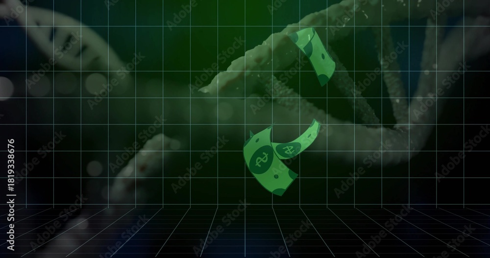 Fototapeta premium Floating stylized green banknotes drifting above tiled grid floor in digital studio, coiled form