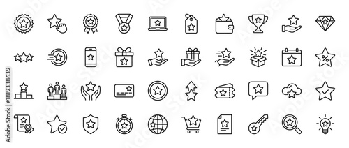 Rating, rewards, and loyalty line icon set. Vector pictograms of star, medal, gift, trophy, smartphone, wallet, certificate, and shopping cart, thin linear illustration.