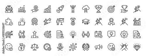 Business success line icon set. Vector pictograms of ladder, rocket, charts, target, trophies, medals, key, lightbulb, money bag, and handshake, thin linear illustration.