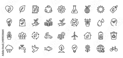 Environmental line icon set. Vector pictograms of leaf, recycling, sun, plant, tree, wind turbine, solar panel, eco car, water drop, and globe, thin linear illustration.
