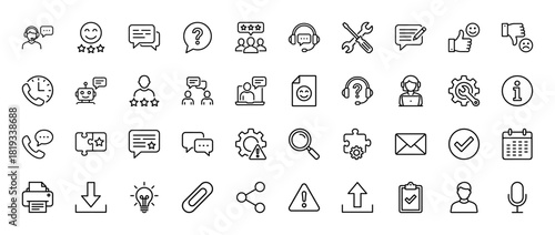 Customer service and support line icon set. Vector pictograms of user reviews, chat messages, helpdesk agents, feedback, settings, and communication elements, thin linear illustration.