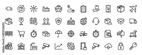 Shipping and logistics line icon set. Vector pictograms of package, truck, ship, plane, warehouse, shopping cart, and security, thin linear illustration.
