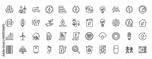 Sustainable energy and ecology line icon set. Thin linear vector illustration featuring recycling, electric cars, solar panels, wind turbines, and more.