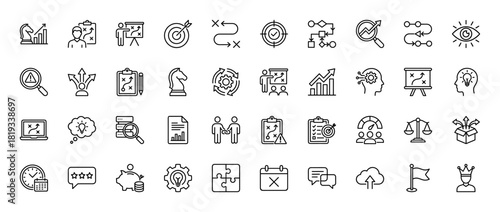 Business strategy line icon set. Vector pictograms of target, planning, analysis, growth, innovation, process, and problem-solving, thin linear illustration.
