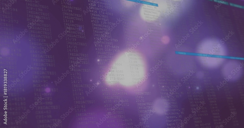 Naklejka premium Displaying monitor showing alphanumeric columns and [REDACTED] labels in dim studio, with cyan bars