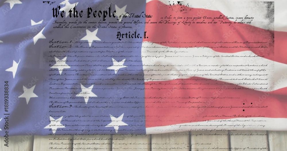 Naklejka premium Draping United States flag revealing Constitution parchment on wooden planks, showing Article