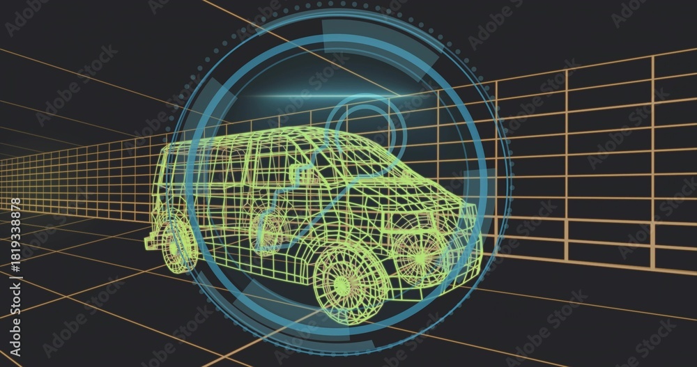 Fototapeta premium Rendering neon green wireframe van model rotating in virtual 3D space with orange grid, HUD rings