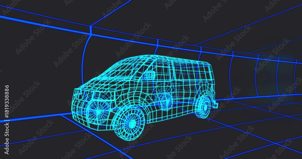 Fototapeta premium Glowing wireframe van rotating in dark tunnel corridor, showing wheels, windows, mirrors, grid