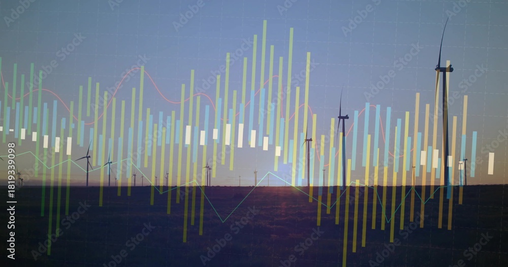 Obraz premium Displaying row of modern wind turbines standing silhouetted in field at sunset, with data overlay