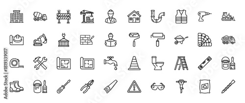 Construction line icon set. Vector pictograms of house, building, crane, excavator, hard hat, blueprint, tools, cement bag, and safety equipment, thin linear illustration.