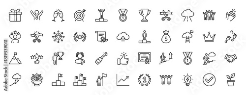 Business achievement and success line icon set. Vector pictograms of gift, target, trophy, medal, podium, certificate, money bag, crown, handshake, graph, and lightbulb, thin linear illustration.
