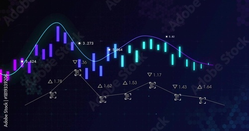 Showing neon candles centered on trade screen, tracing MA curves, segmented trendline, delta labels