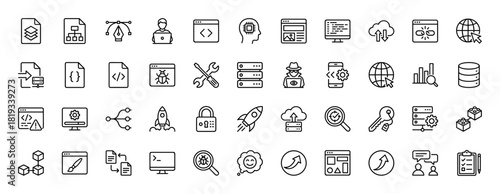Programming and web development line icon set. Vector pictograms of code, developer, server, database, security, data processing, web design, cloud, and UI/UX, thin linear illustration.