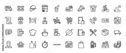 Food delivery and e-commerce line icon set. Vector pictograms of food truck, pizza, delivery person, shopping cart, mobile order, and payment, thin linear illustration.