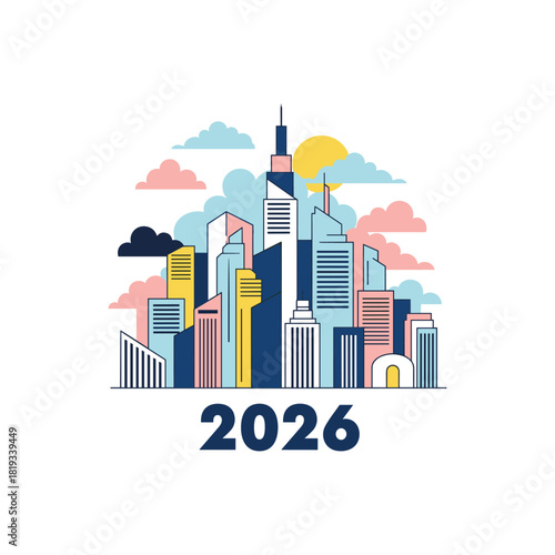 Happy New Year 2026 City Skyline Urban Scape Building Architecture