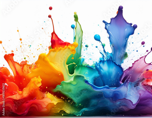 Vibrant Splash of Multicolored Paint in Motion on White Background