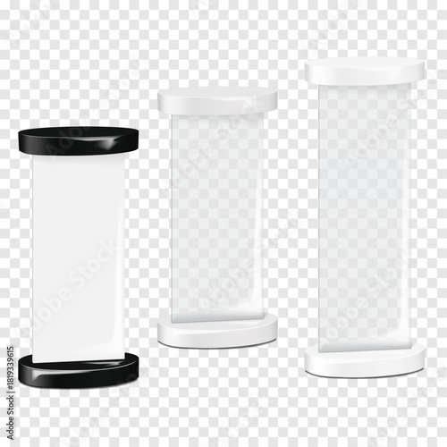 Blank vertical double-sided advertising sign with heavy base. White and clear. 3d vector mockup set. Opaque and transparent floor poster display stand. Realistic mock-up. Template for design