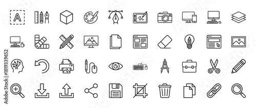 Design and creative tools line icon set. Vector pictograms of pen tool, graphics tablet, camera, color palette, monitors, documents, and office items, thin linear illustration.
