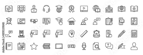 E-learning and education line icon set. Vector pictograms of graduation cap, online courses, laptops, headphones, school, books, diploma, and academic tools, thin linear illustration.