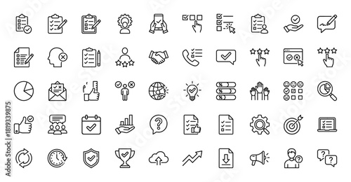Business feedback and survey line icon set. Vector pictograms of clipboard, checklist, handshake, star rating, pie chart, thumbs up, megaphone, and target, thin linear illustration.